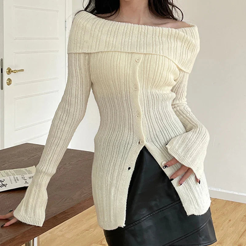 Basic Buttons Off Shoulder Knitted Sweater