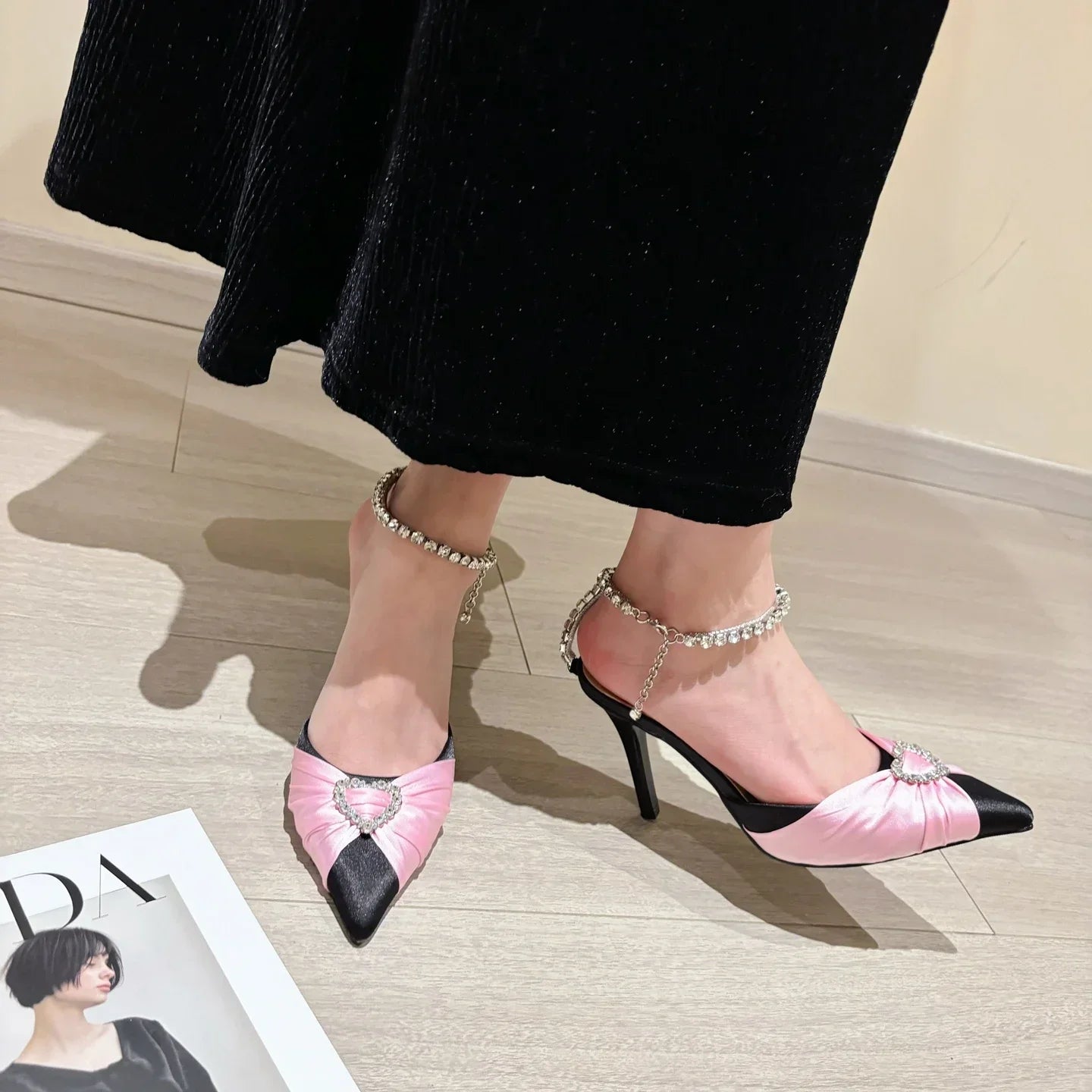 Crystal Buckle Strap Pointed Toe Pumps Shoes