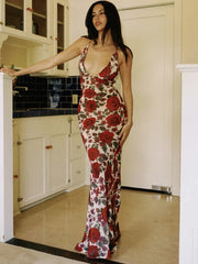 Red Floral Maxi Dress with Cowl Neck & Tie Back