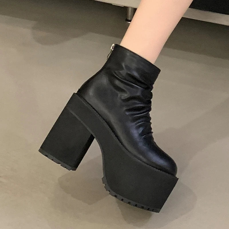 Pleated Platform Square High Heels Zipper Boots