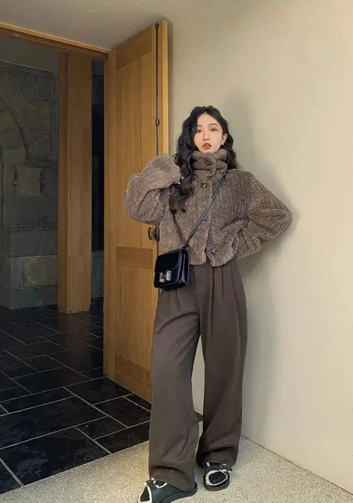 Cropped Faux Buttoned Fur Coat