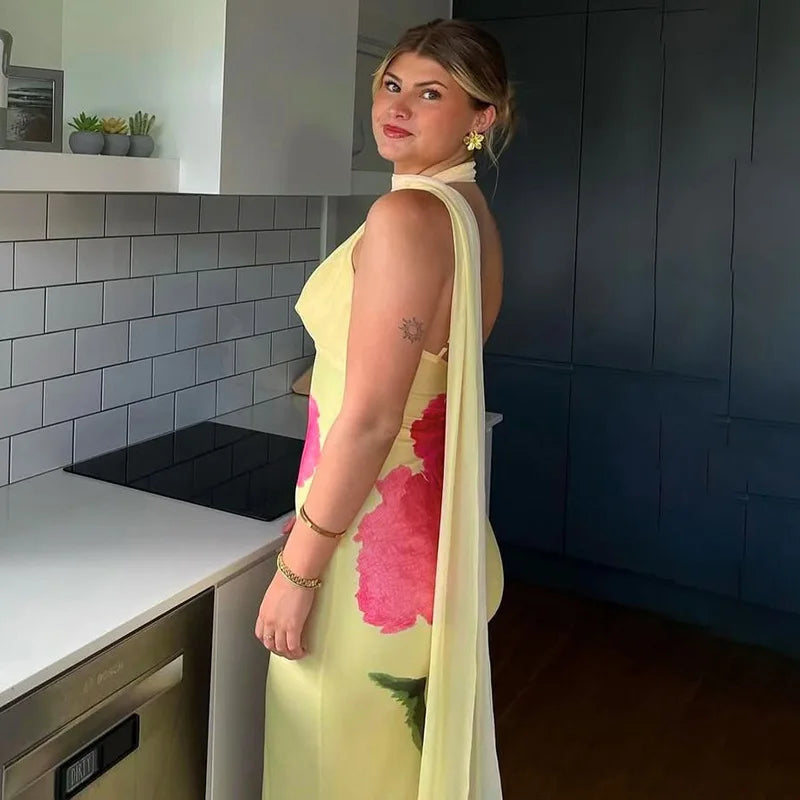 Print Yellow Spaghetti Strap Long Dress