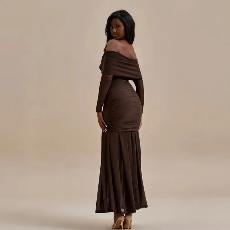 3D Flower-appliqué Mesh Long Sleeve Fishtail Maxi Dress