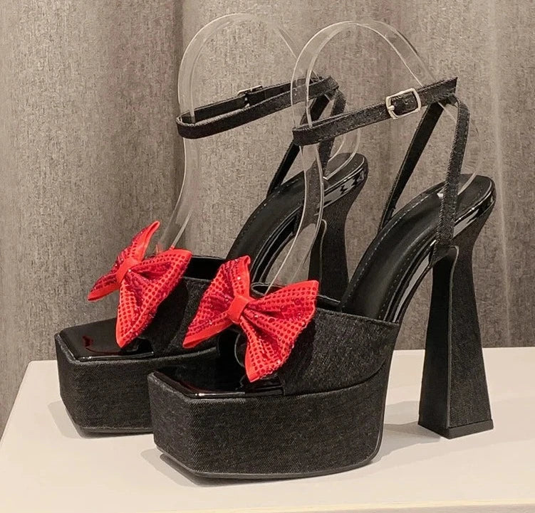 Denim Square Toe Butterfly-Knot Platform Chain Buckle Strap Shoes