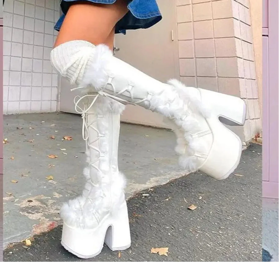 Zip Faux Fur Chunky High Heeled Boots