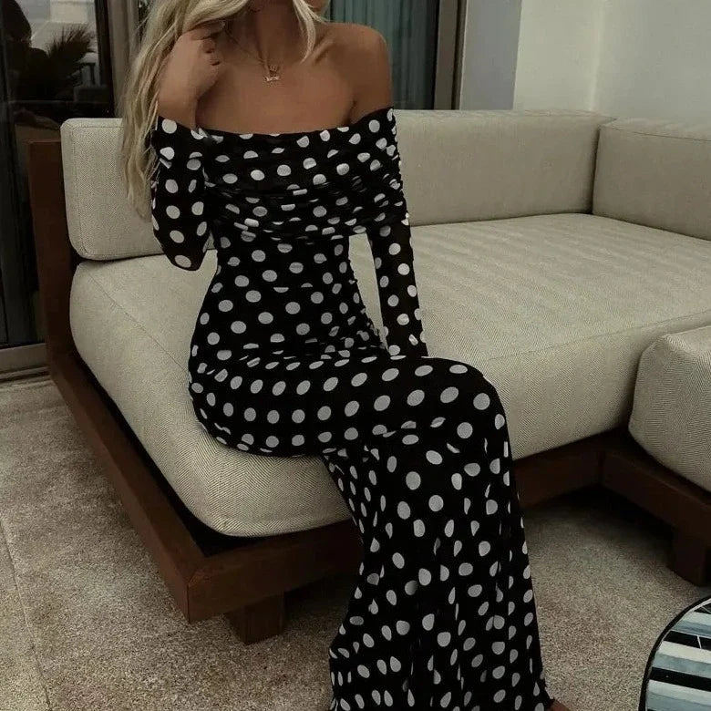 Polka Dots Off Shoulder Long Sleeves Maxi Dress