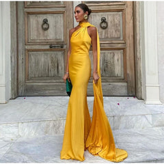 Yellow Satin Backless Lace-Up Off-Shoulder Maxi Dress