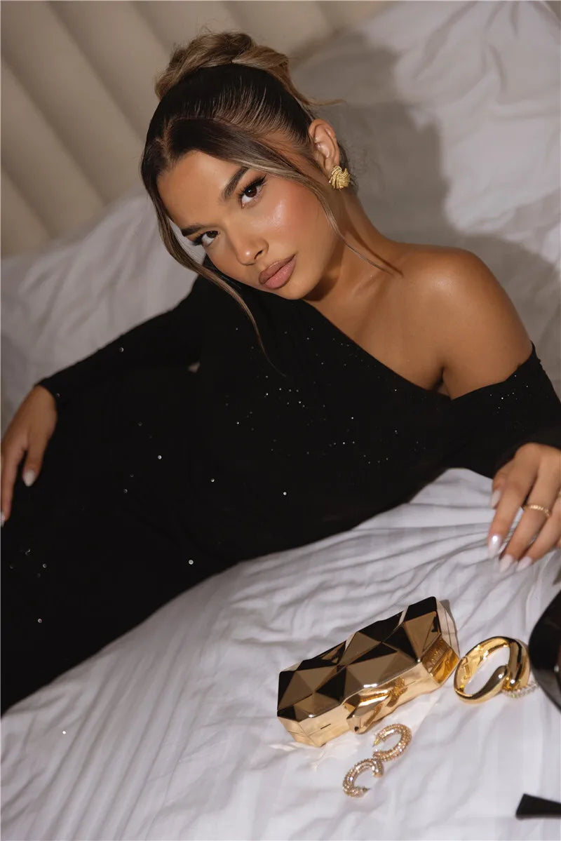 Long Sleeve Inclined Shoulder Maxi Dress