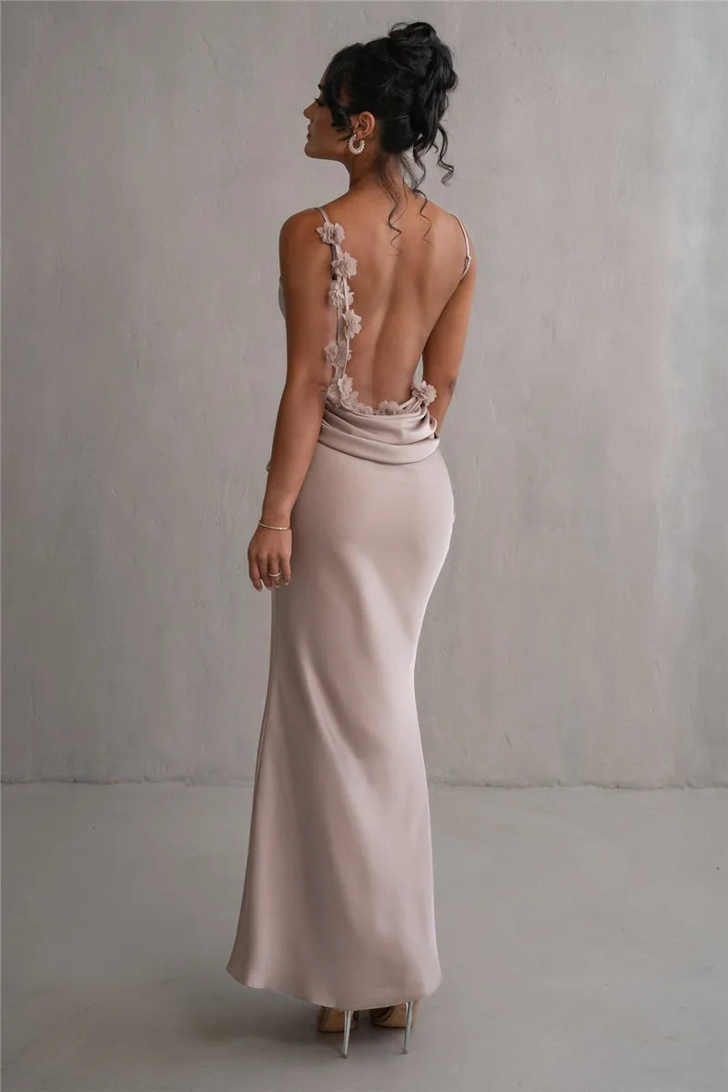 3D Flower Draped Open Back Maxi Dress