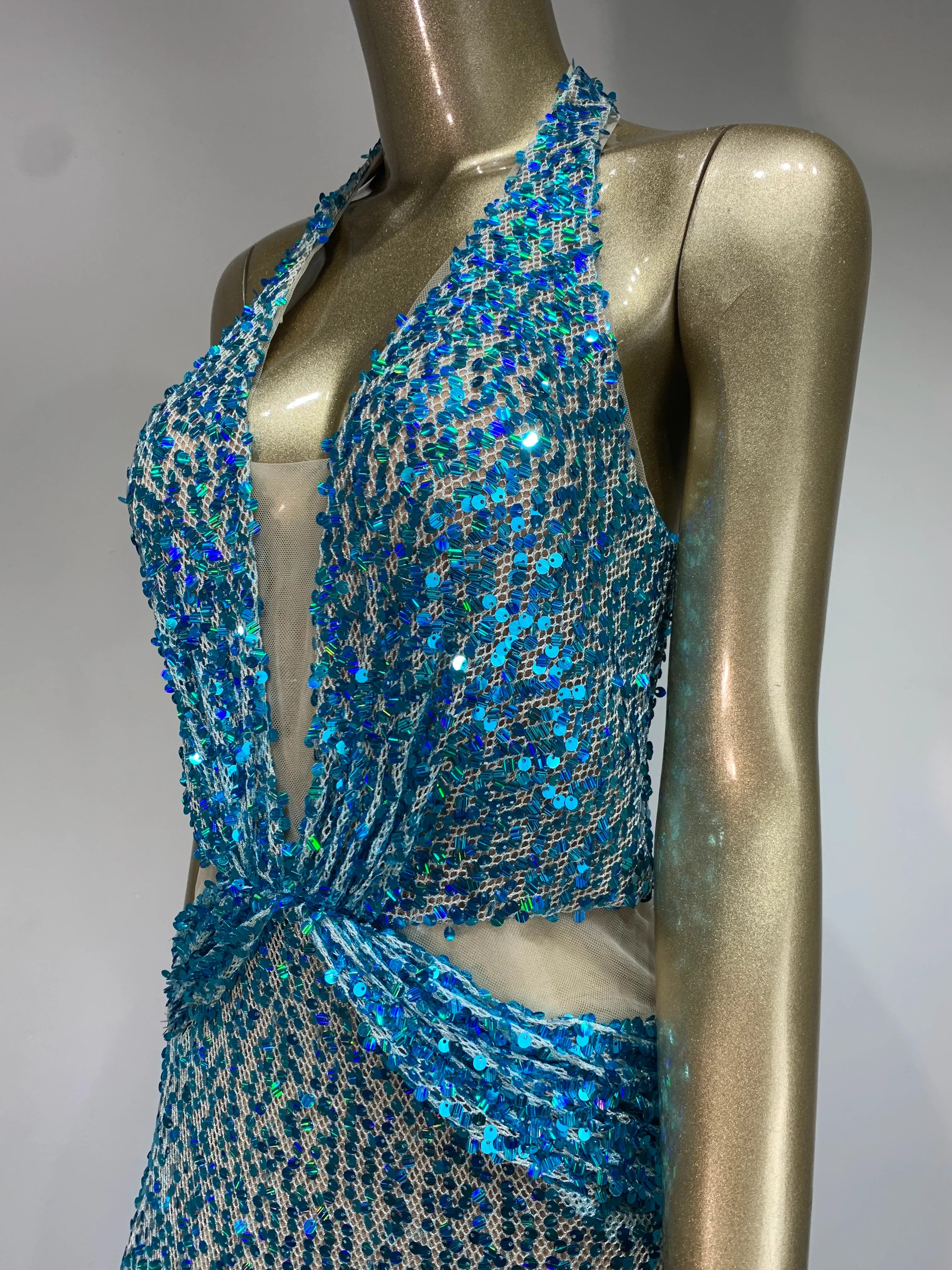 Halter Blue Sequins Sparkly Glitter Maxi Dress