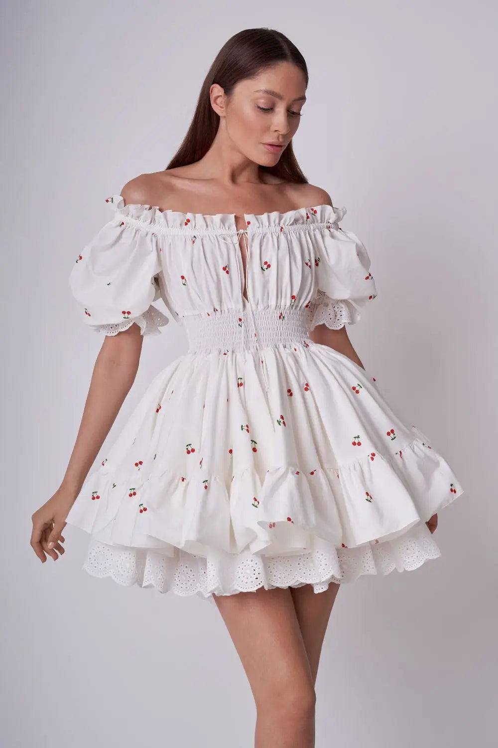 Print Puff Sleeve Ruffles Lace-up  Mini Dress