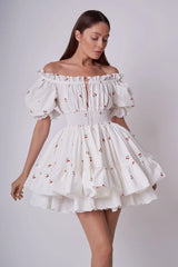 Print Puff Sleeve Ruffles Lace-up  Mini Dress