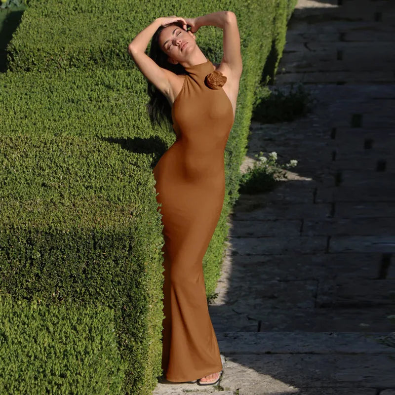 3D Flower Halter Backless Long Dress