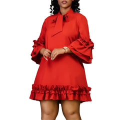 Women Solid Pleated Ruffles Hem High Neck Mini Dress