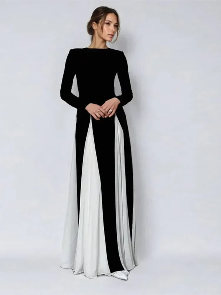 Pleated Patchwork Long Sleeve  Maxi Dress