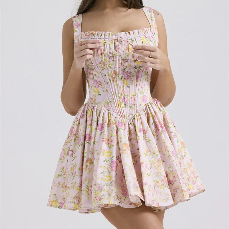 Flower Printed Open Back A-line Corset Mini Dress
