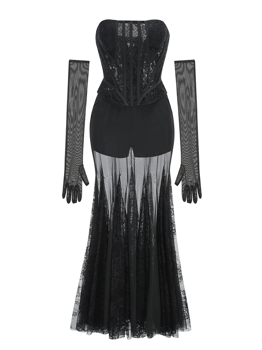 Lace Corset Patchwork Skirt And Gloves Set
