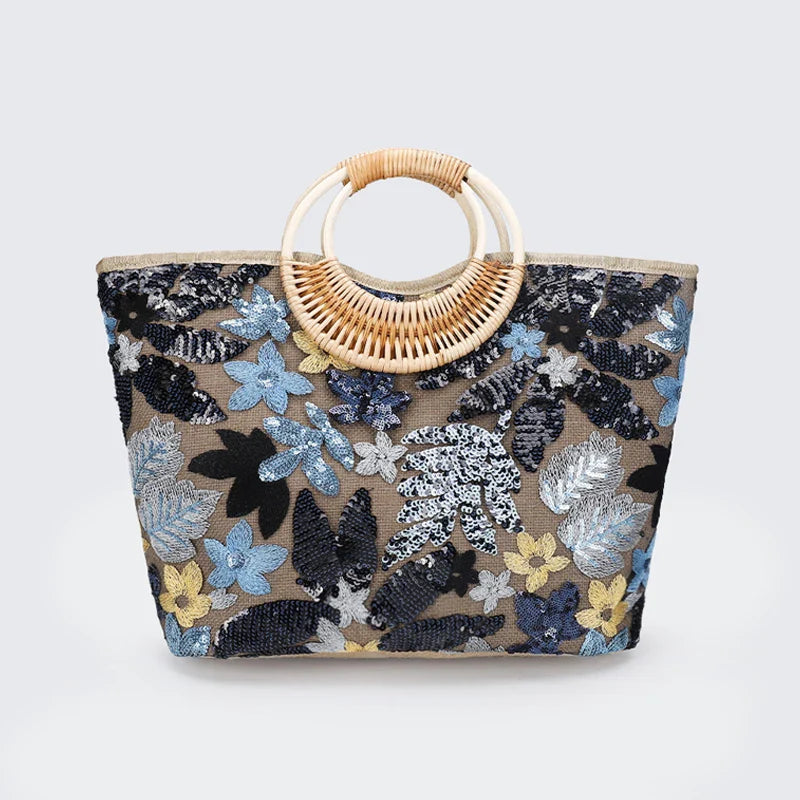 Embroidered Sequin Straw Tote Bag