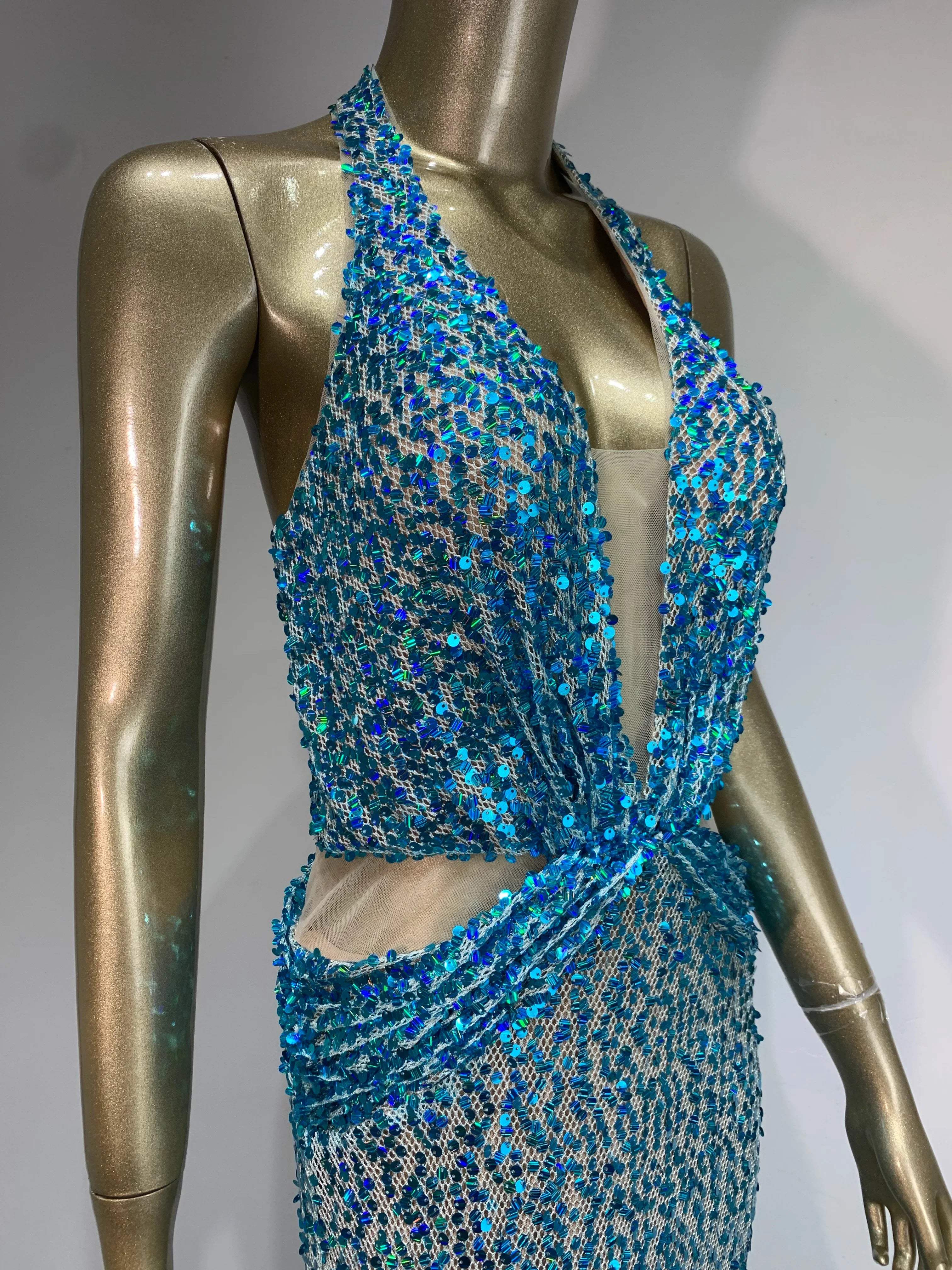 Halter Blue Sequins Sparkly Glitter Maxi Dress