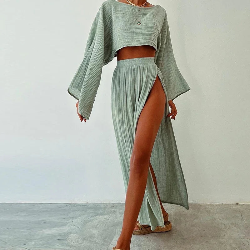 Linen Flare Sleeve Top & Slit Skirt Set