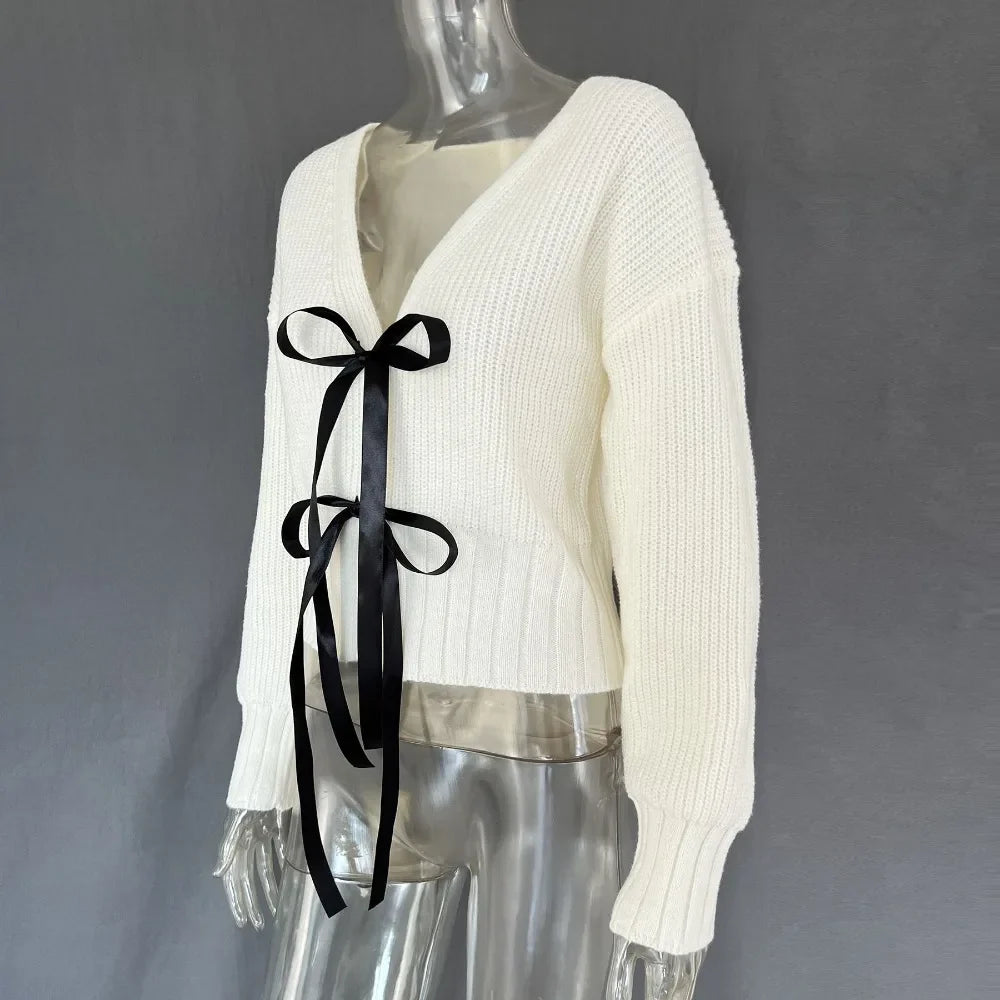 Tee Bow Hollow Out Ribbed Patchwork Cardigan
