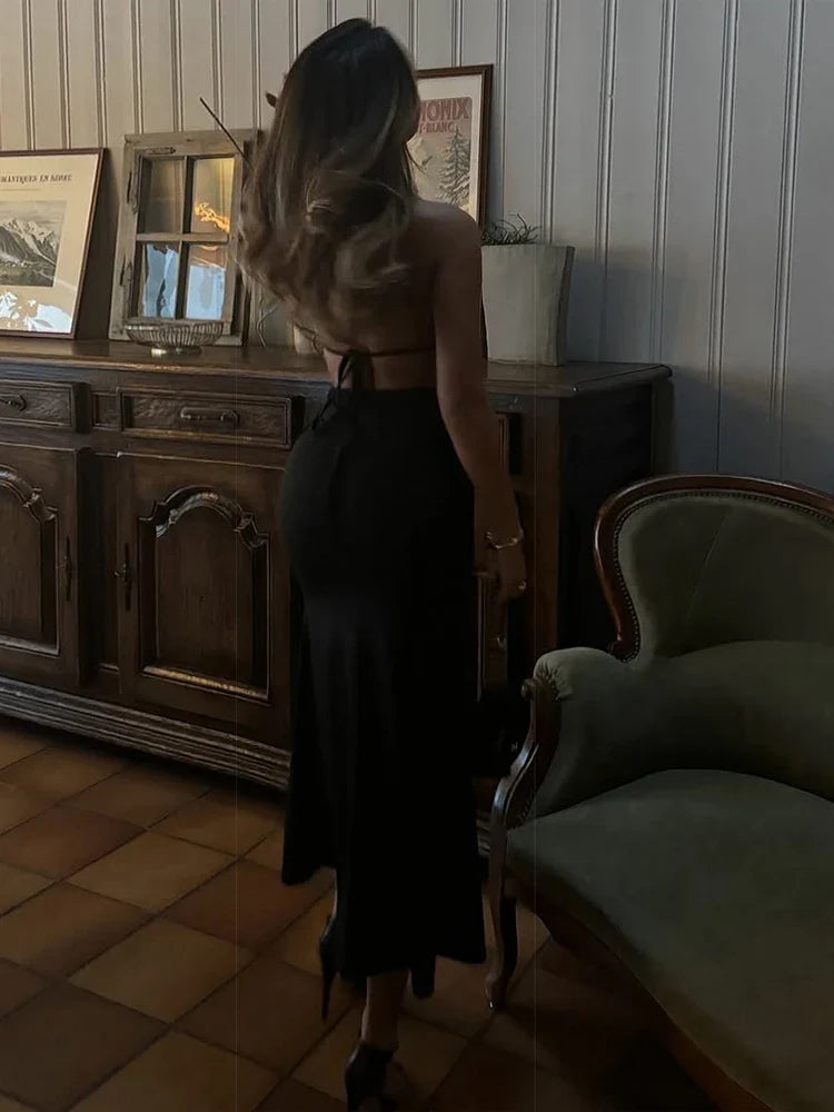 Metal Splice Swinging Neck Halter Backless Long Dress
