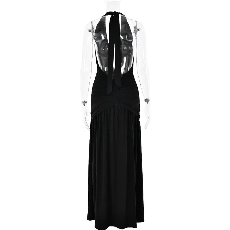 Open Back Solid Thigh High Split Long Dress