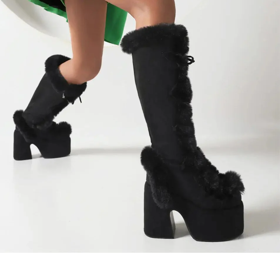 Zip Faux Fur Chunky High Heeled Boots