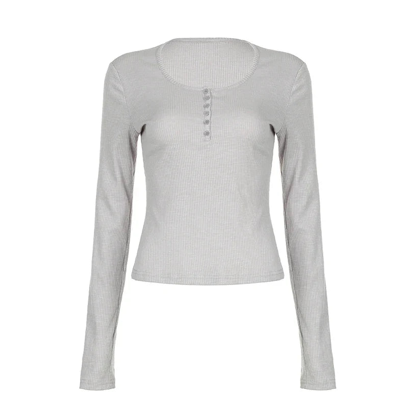 Basic Buttons Ribbed Long Sleeve Knit Top