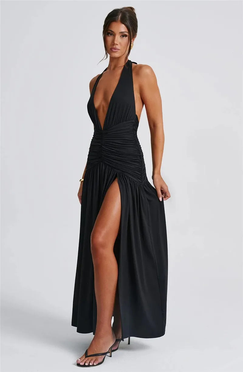 Open Back Solid Thigh High Split Long Dress