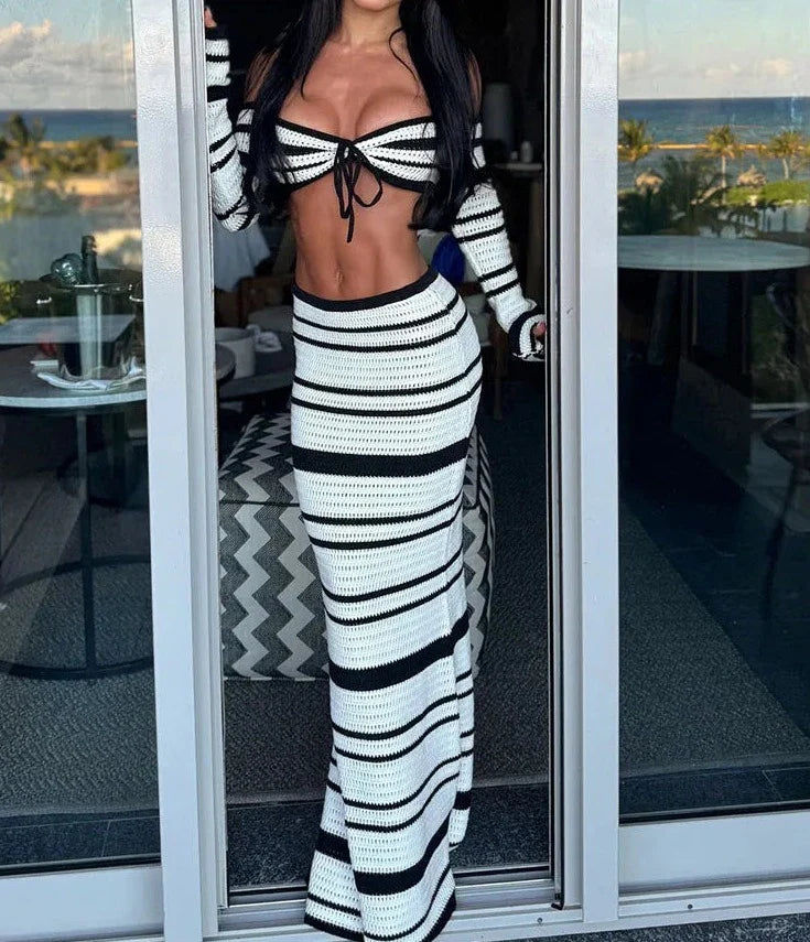 Striped Halter Maxi Skirt Suit