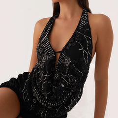Printed Hollow Out Glitter Halter Vest