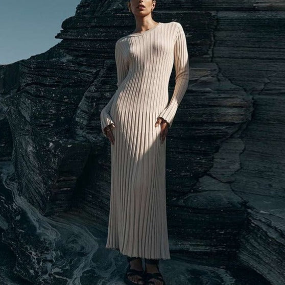 Beige Long Sleeve Knit Midi Dress