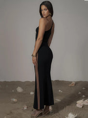 Black Mesh Patchwork One Shoulder Maxi Dress