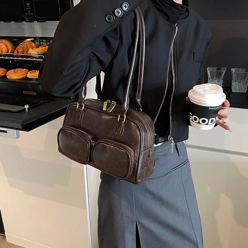 Faux Leather Double Pockets Underarm Bags