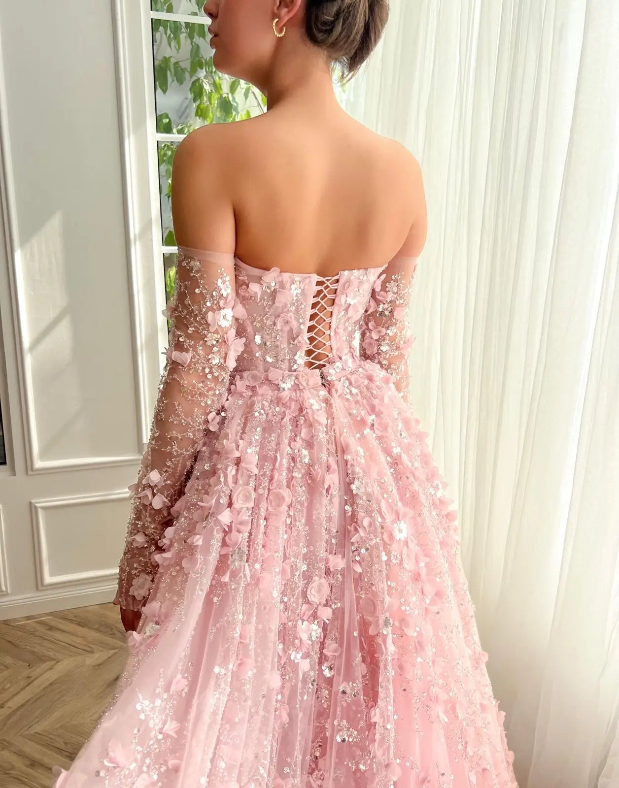 3D Flowers Evening Dress with Overskirt Long Sleeves
