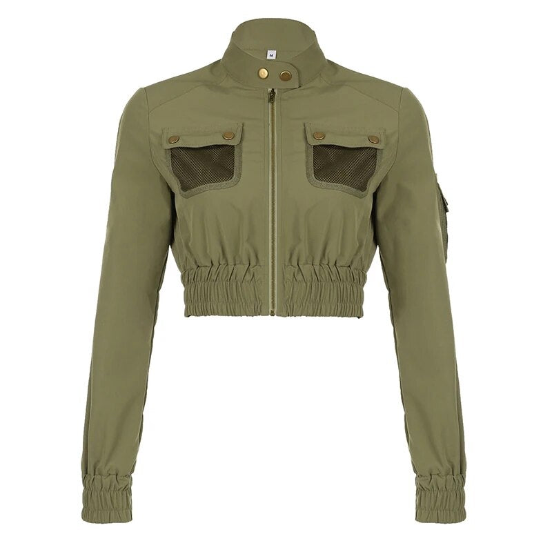 Army Green Stand Collar Zip Up Pockets Coat