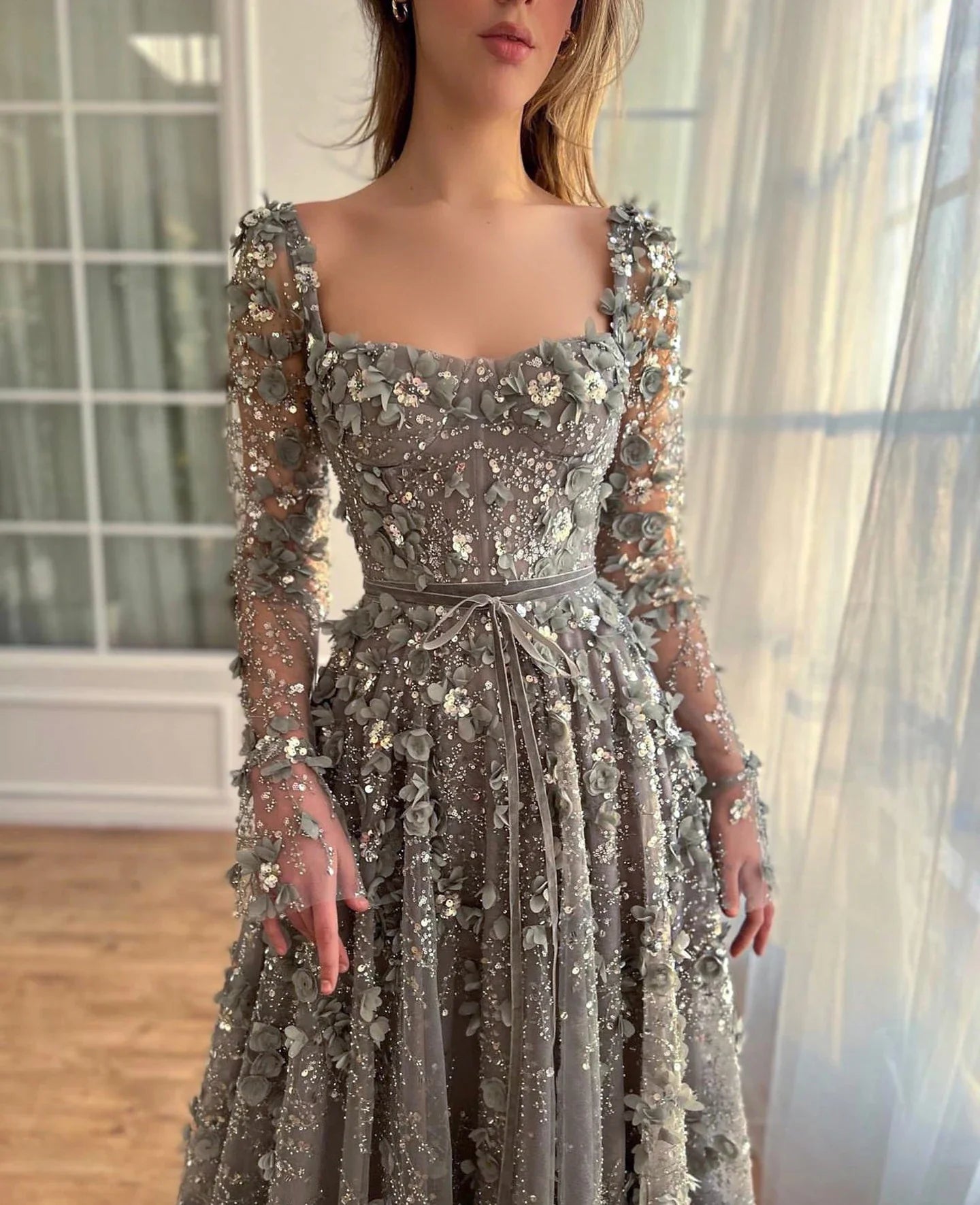 3D Floral A-Line Evening Gown Long Sleeves