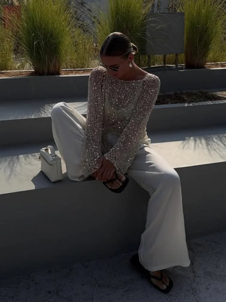 Sequin Knit Sheer Long Sleeve Blouse