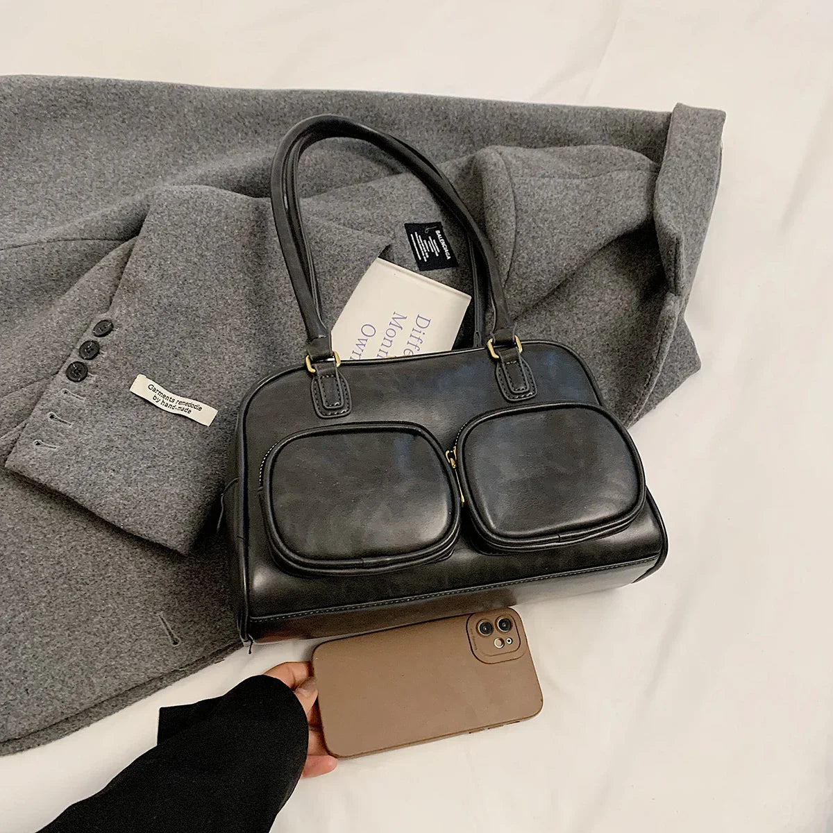 Faux Leather Double Pockets Underarm Bags