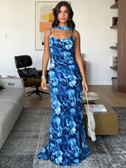Halter Backless Blue Printed Lace-up Long Dress
