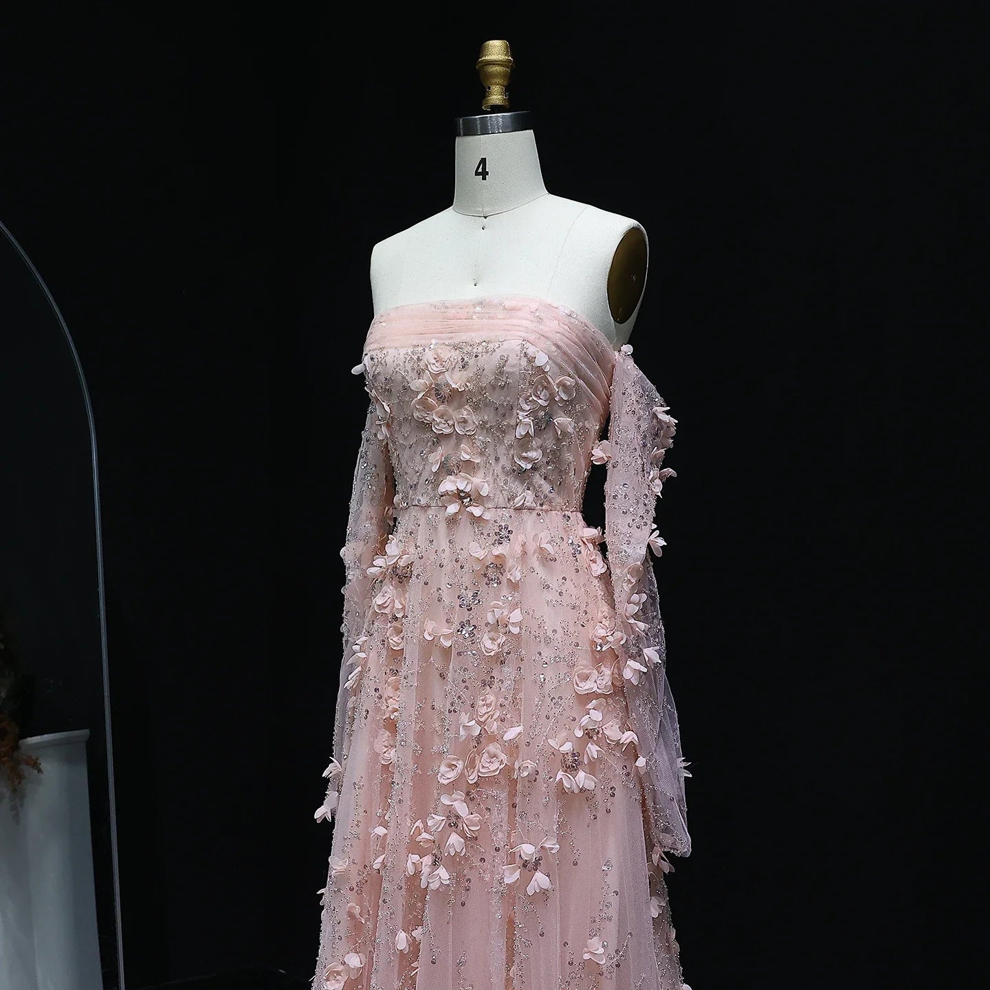 3D Flowers Strapless Evening Dress with Long Sleeves