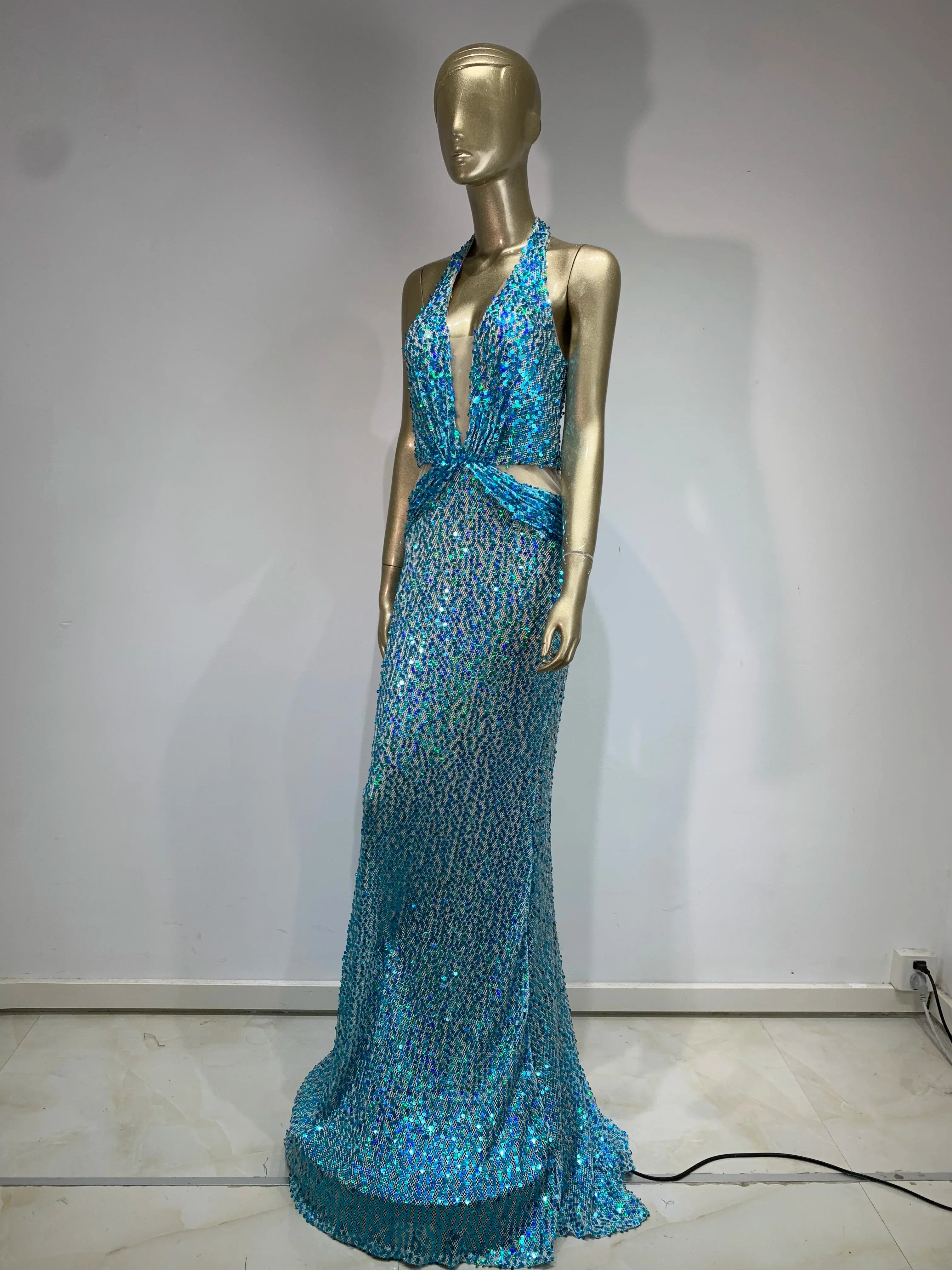 Halter Blue Sequins Sparkly Glitter Maxi Dress