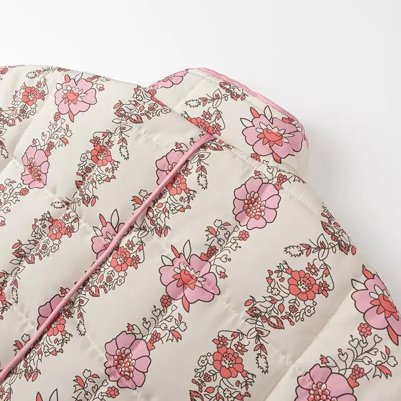 Pink Flower Print Stand neck Quilted Jacket