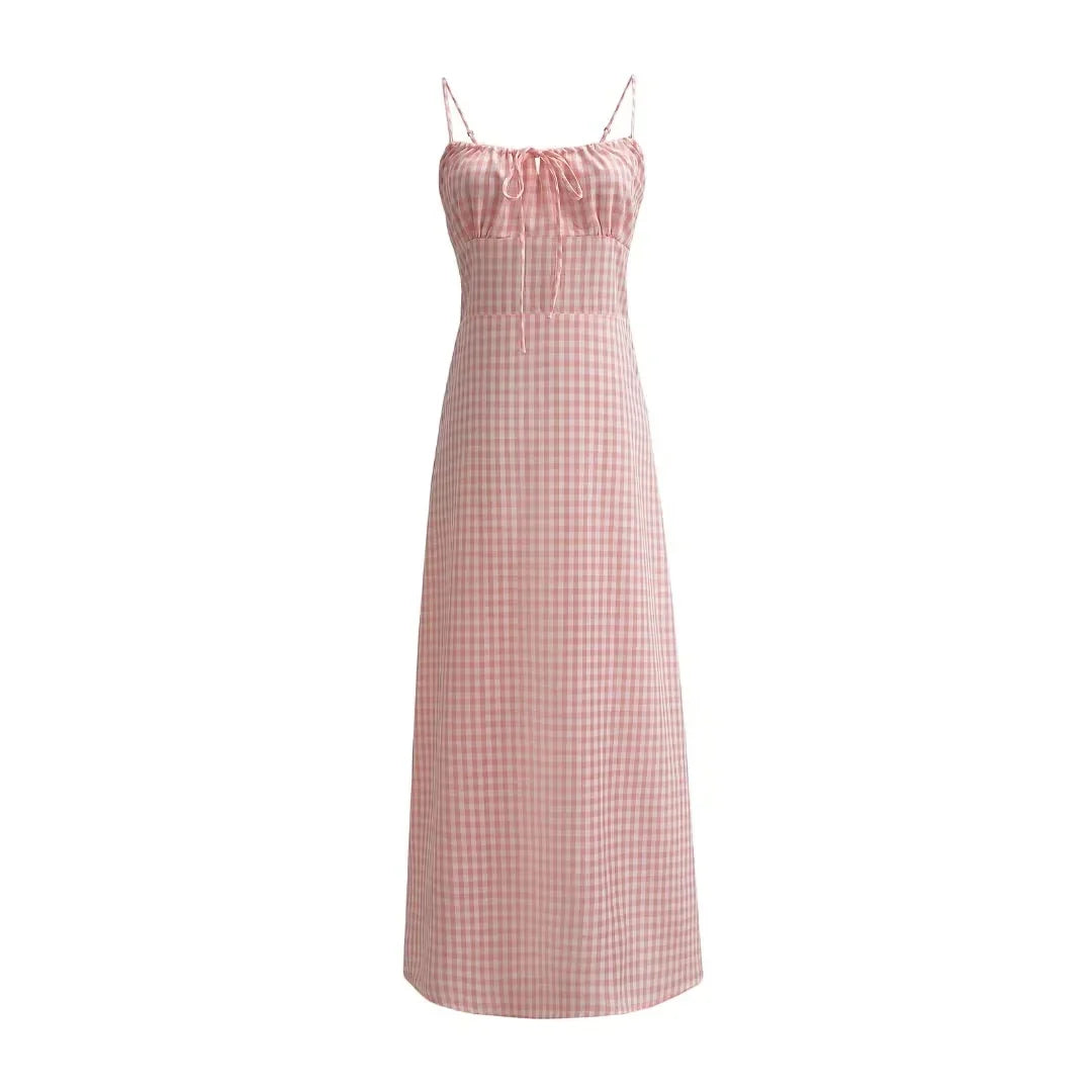 Spaghetti Strap Tie Up Plaid Pink Midi Dress