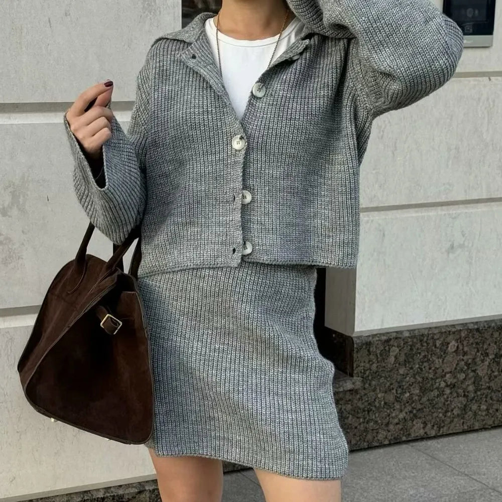 Lapel Cardigan Elastic Waist Mini Skirt Suits