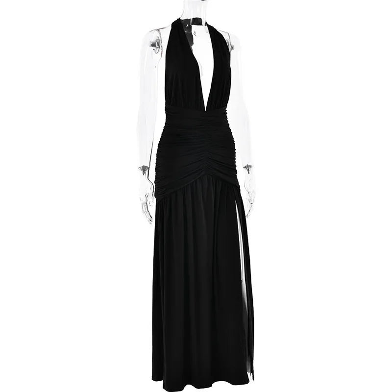 Open Back Solid Thigh High Split Long Dress