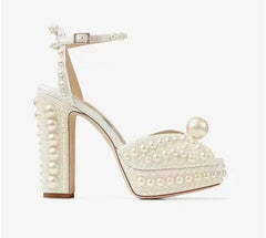 Elegant Handmade Pearl Fish Mouth Thick Heels