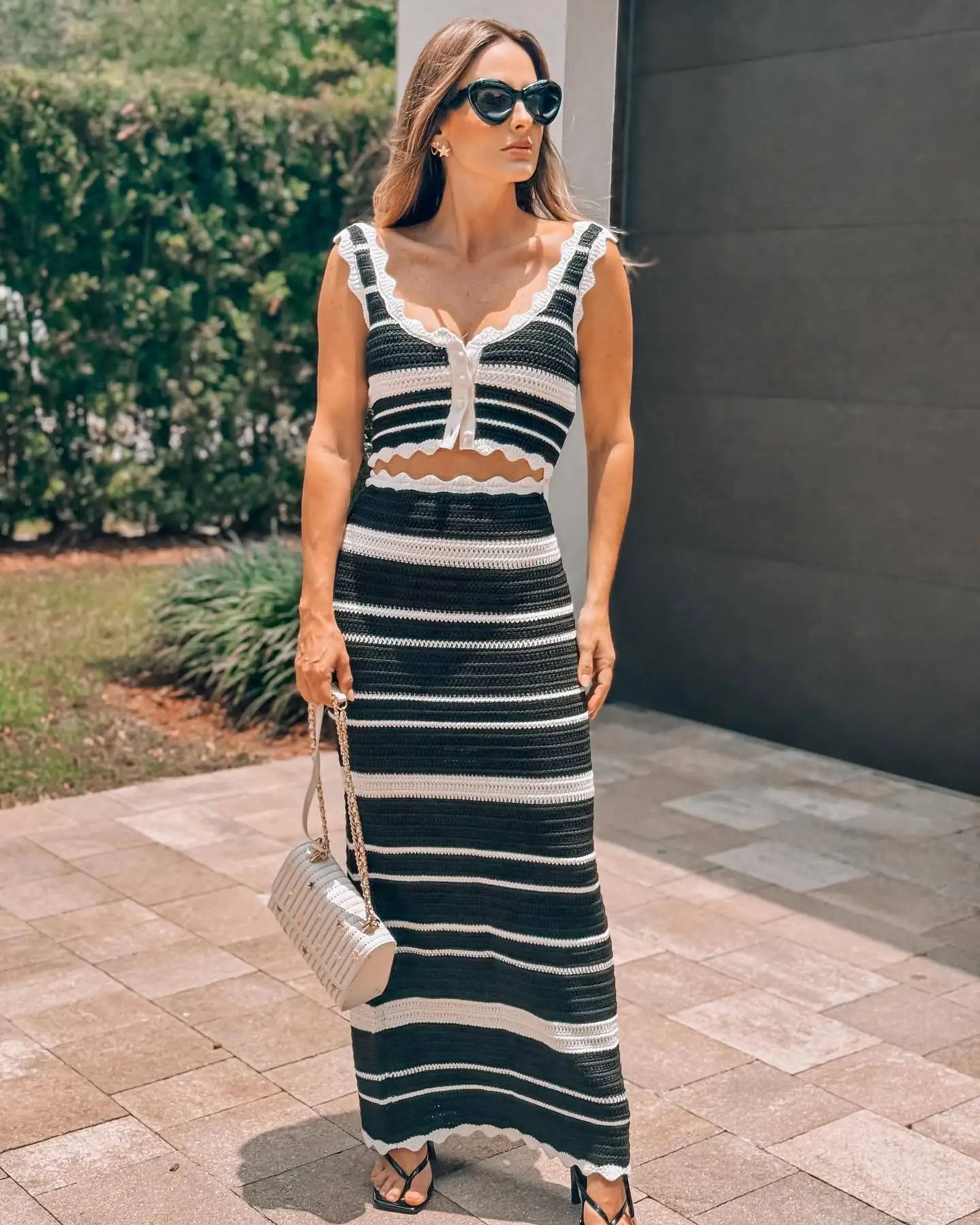 Striped Contrast Knitted Top and Long Skirt Set