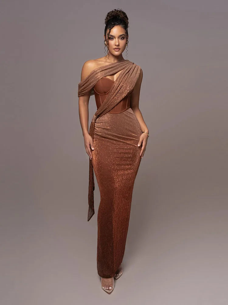 One Shoulder Draped Glitter Brown Maxi Dress